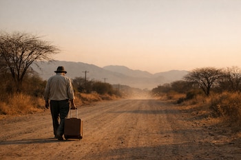 Un hombre con sombrero camina arrastrando una valija por un camino de tierra. Se ven árboles secos, montañas y mariposas en la distancia, al atardecer.