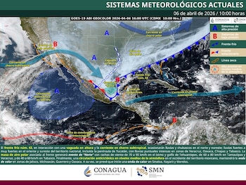 Mapa meteorológico de México y América Central mostrando sistemas de alta y baja presión, frentes fríos, vaguadas y corrientes de chorro