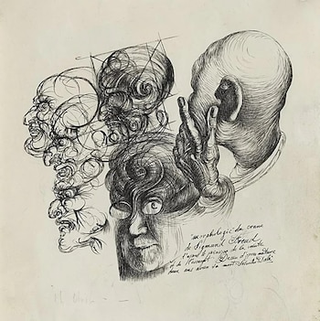 Dibujo en tinta negra con varios bocetos del rostro y la cabeza de un hombre calvo con gafas, espirales geométricas y texto manuscrito