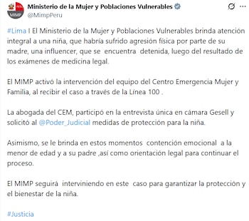 Captura de pantalla de una publicación en la red social X de la cuenta oficial del Ministerio de la Mujer y Poblaciones Vulnerables de Perú