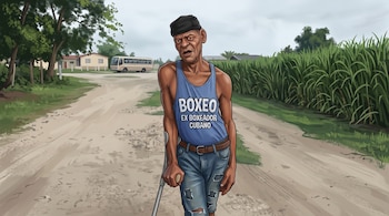 Ilustración de un hombre con muleta, camiseta azul con texto, pantalón desgastado y gorra negra en un camino de tierra.