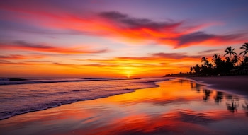 Puesta de sol en una playa con olas, arena húmeda que refleja el cielo rojizo y anaranjado, y palmeras oscuras en el horizonte.