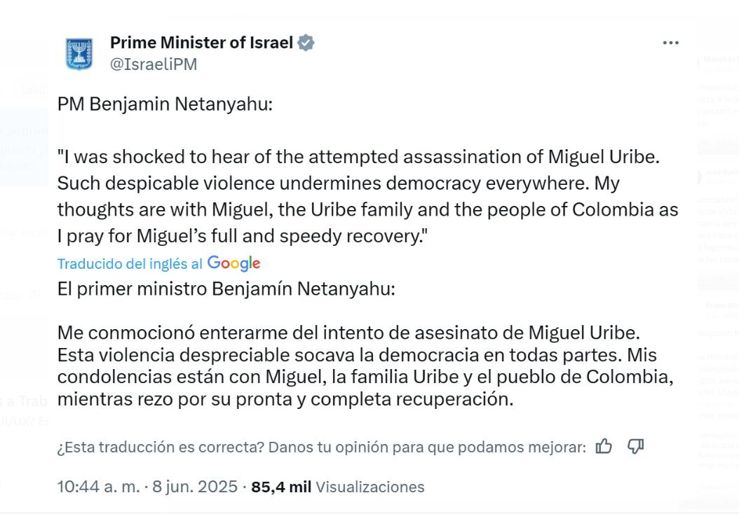 El primer ministro de Israel reaccionó ante el ataque a Miguel Uribe Turbay - crédito @IsraeliPM/X