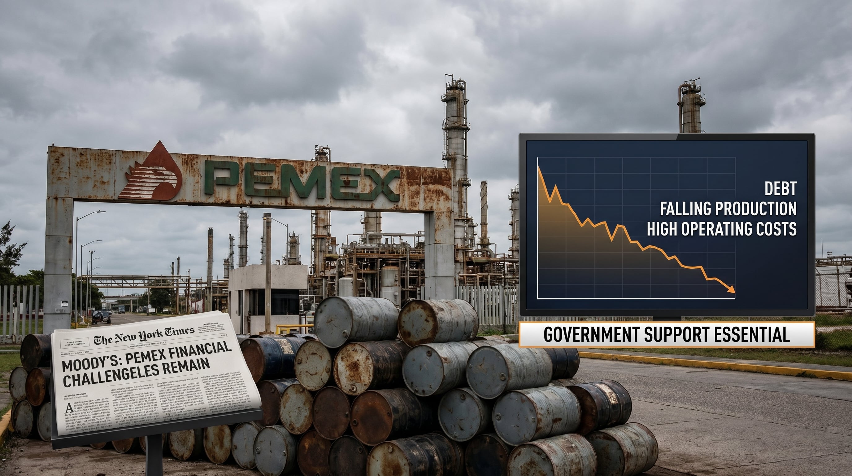 La entrada a una refinería de Pemex, con barriles de petróleo, un periódico sobre los retos financieros de la compañía y un gráfico que detalla su deuda, caída de producción y dependencia del apoyo gubernamental. (Imagen Ilustrativa Infobae)