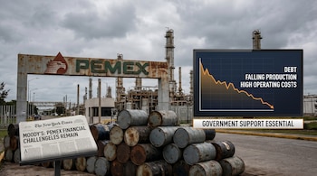 Imagen de una refinería de Pemex con su letrero. En primer plano, barriles de petróleo oxidados y un periódico con el titular 'Moody's: Pemex Financial Challenges Remain'. También se ve un gráfico que muestra una línea descendente y texto sobre deuda y apoyo del gobierno.
