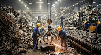 Interior de una planta industrial con múltiples trabajadores, grandes pilas de chatarra metálica, un montacargas, una grúa con pinza y chispas de soldadura.
