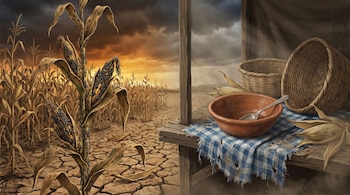 Campo de maíz seco con tallos infestados por plaga y tierra agrietada bajo un cielo nublado, junto a una mesa rústica con un tazón vacío y mazorcas.