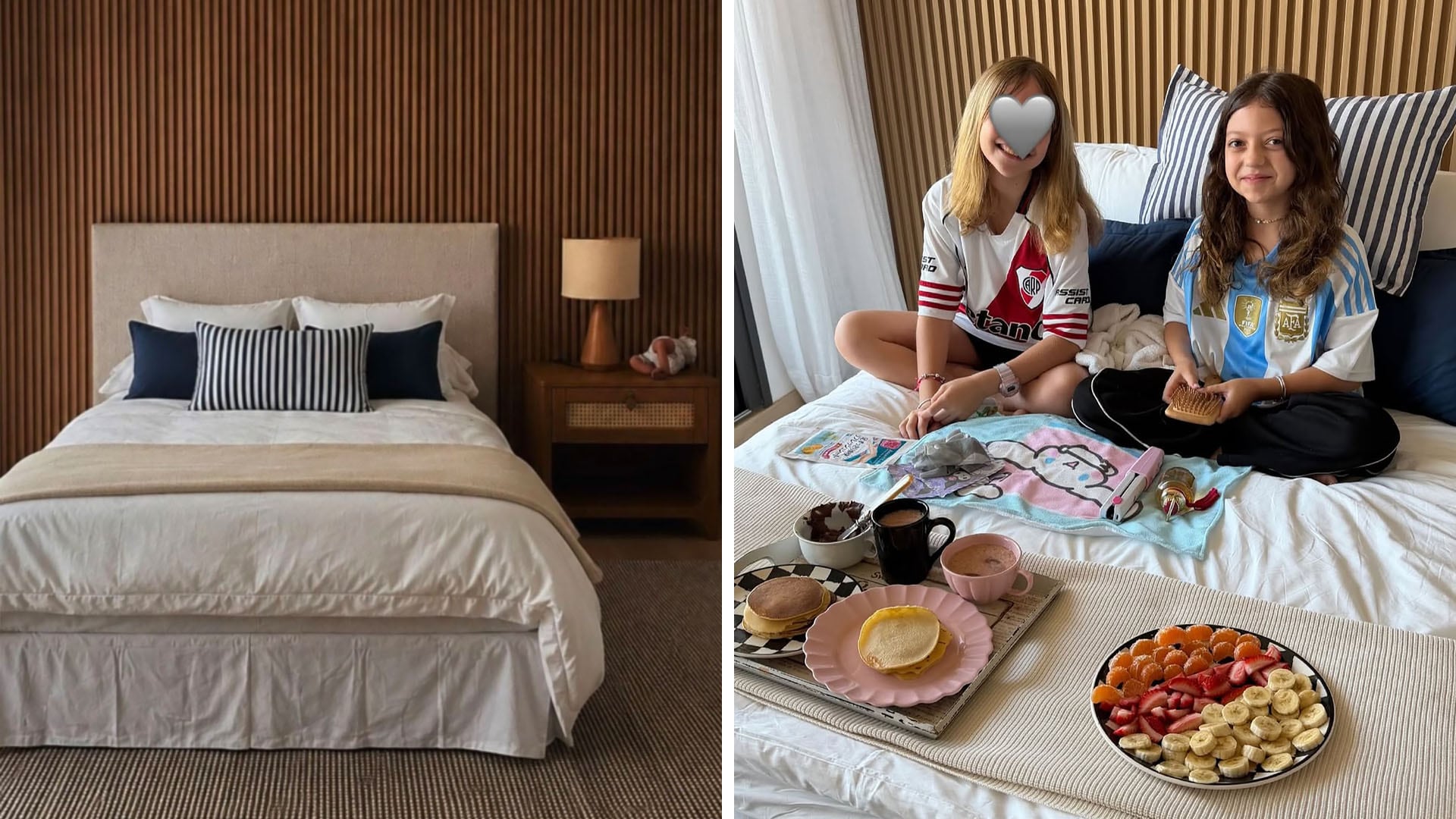 Isabella y la hija de Evangelina Anderson, posan sonrientes en la cama con camisetas de fútbol, rodeadas de un delicioso desayuno con panqueques y frutas frescas