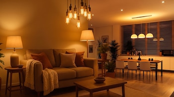 Sala de estar y comedor con un sofá beige, cojines, una manta, mesas de madera, lámparas de pie y de techo, plantas en macetas, mesa de comedor y sillas.