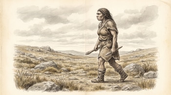 Ilustración de perfil de una mujer neandertal caminando con prendas de piel y herramientas de piedra en un entorno rocoso.