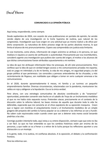 Comunicado de David Racero a