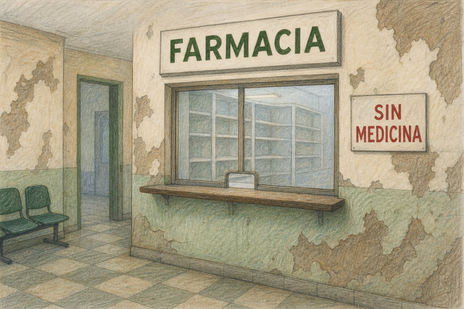 Una farmacia con estantes vacíos en un hospital de Cuba exhibe un aviso de falta de medicamentos en su ventanilla. (Imagen Ilustrativa Infobae)