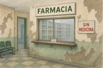 Ilustración a lápiz de una ventanilla de farmacia con anaqueles vacíos, paredes desgastadas y un cartel con el texto Sin medicina.