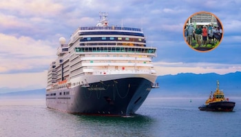 El crucero Nieuw Amsterdam, que navega bajo bandera de los Países Bajos, arribó al puerto de Acajutla con 1.921 turistas a bordo. (Cortesía: Secretaría de Prensa/Alcaldía de Sonsonate)