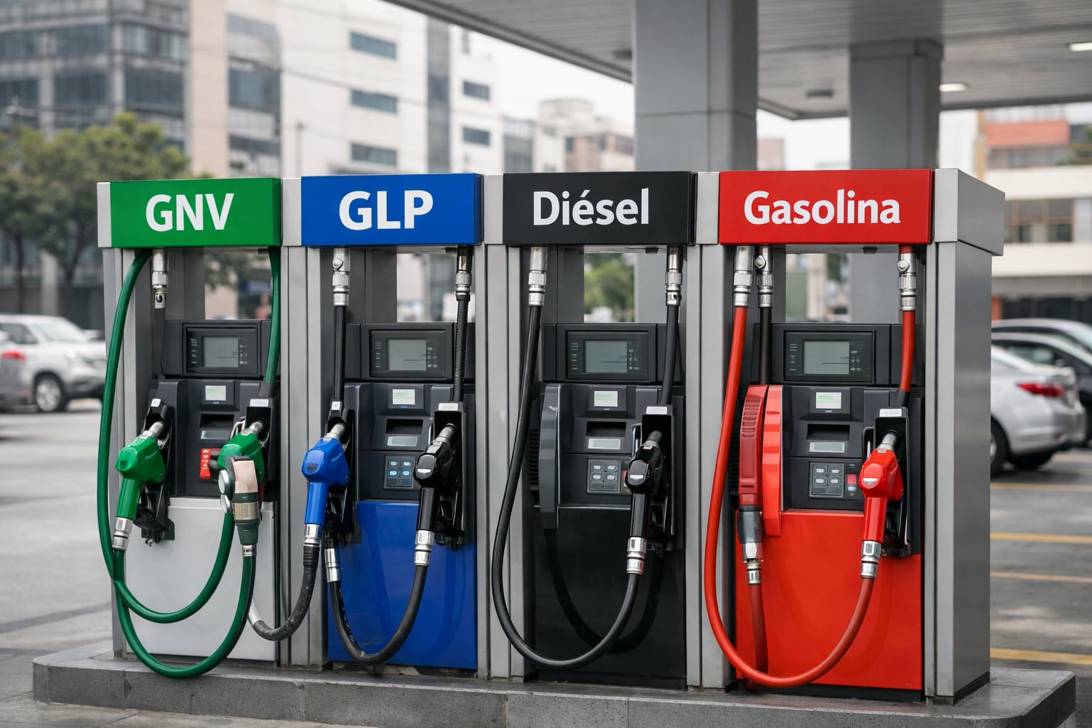 Una estación de servicio en Lima, Perú, presenta surtidores con los distintos tipos de combustibles disponibles: GNV, GLP, Diésel y Gasolina. (Imagen Ilustrativa Infobae)