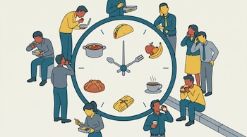 Reloj con manecillas de cuchara y tenedor, sus números son alimentos (taco, fruta, café, tamal, pan, guiso). Personas comen o miran el reloj.