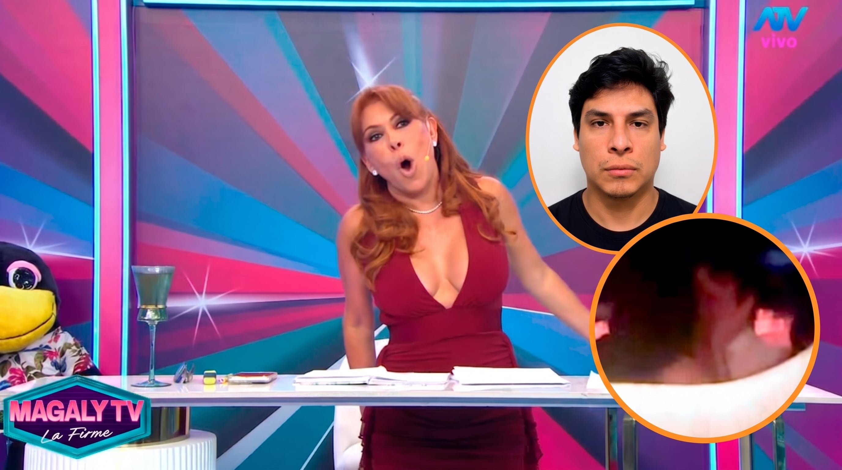 Magaly Medina, en su programa de televisión, presenta una composición de imágenes que incluye el rostro de Curwen en un recuadro y una toma de video difusa dentro de un círculo. (Imagen Ilustrativa Infobae)