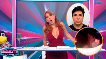 Magaly Medina, en estudio de televisión, con fondo de rayas. Muestra el rostro de un hombre en un óvalo y una escena borrosa en un círculo naranja.