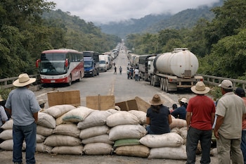Carretera rural bloqueada con sacos de arroz, que detienen el tráfico de buses y camiones en ambos sentidos. Personas observan la larga fila de vehículos en la selva.