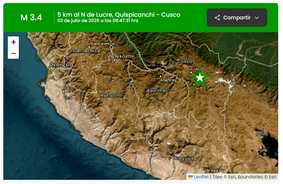 El Instituto Geofísico del Perú informa sobre un sismo de magnitud 3.4 con epicentro 5 km al norte de Lucre, Quispicanchi, Cusco, registrado el 3 de julio de 2026. (IGP)