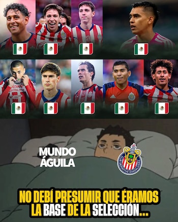 Fotografías de futbolistas con la bandera de México junto a una ilustración de un personaje en cama con el escudo de Chivas y texto en español