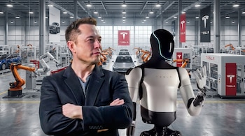 Elon Musk, con traje oscuro y brazos cruzados, junto al robot Optimus en una fábrica de Tesla; se ven vehículos y brazos robóticos en el fondo.