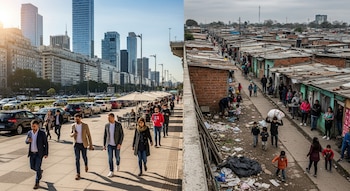 Fotografía dividida que presenta a la izquierda una calle de ciudad con rascacielos y personas y a la derecha un barrio con viviendas humildes y habitantes.