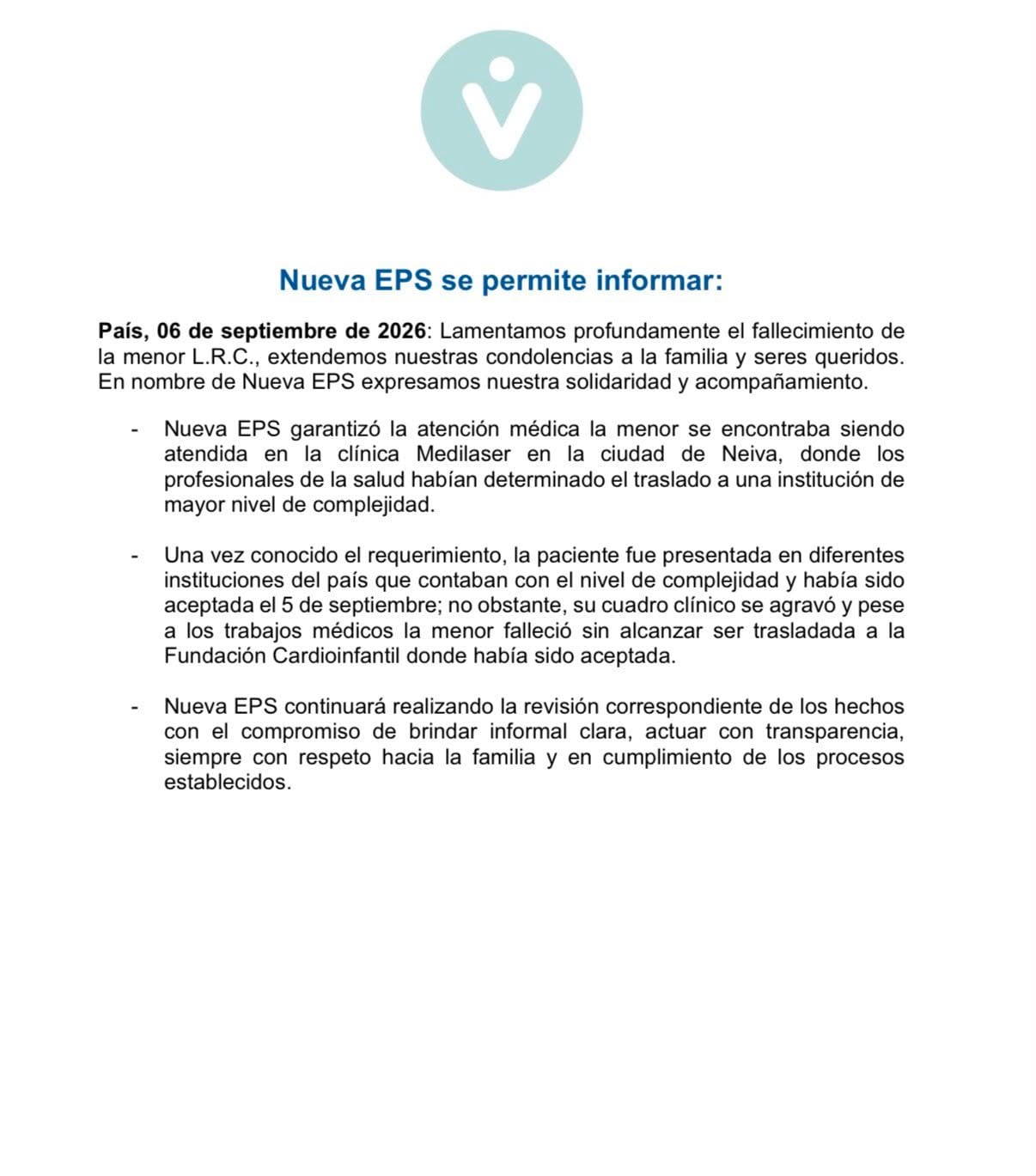 Nueva EPS informó que Luciana Rojas murió antes de su remisión a Bogotá - crédito @NuevaEPSCol/X