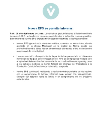 Nueva EPS informó que Luciana Rojas murió antes de su remisión a Bogotá - crédito @NuevaEPSCol/X