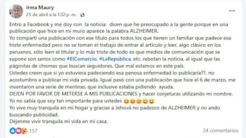 Captura de pantalla de una publicación de Facebook de Irma Maury donde aclara su estado de salud y desmiente rumores sobre Alzheimer