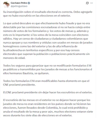 El presidente de la República añadió que los colombianos tienen derecho a conocer la verdad de las elecciones del 21 de junio de 2026 - crédito @petrogustavo/X