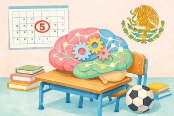 Ilustración de un cerebro con engranajes sobre un pupitre escolar, junto a libros, un balón de fútbol, un calendario con el 5 de junio y el logo de la SEP.