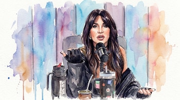 Una ilustración a mano alzada de una mujer de cabello oscuro sentada frente a un micrófono, con un termo y un mate, sobre un fondo de acuarela.