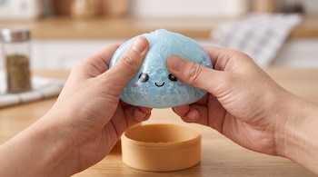 Dos manos sujetan y aprietan un objeto azul blando y translúcido sobre una mesa de madera.