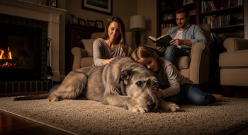 Un gran Lebrel Irlandés grisaceo yace en una alfombra, una niña lo abraza y una mujer lo acaricia. Un hombre lee en un sillón junto a una chimenea.
