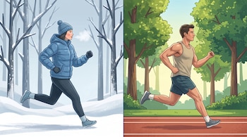Una mujer corre en un bosque nevado, vestida con ropa de invierno. Un hombre corre en una pista de atletismo al aire libre con árboles verdes alrededor.