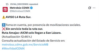 Las movilizaciones sociales que se desarrollan este sábado han provocado la interrupción total del servicio en la ruta sur de la Línea 4 del transporte público (captura de pantalla)