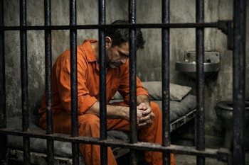 Hombre caucásico con uniforme naranja de prisión sentado en una cama de celda, con la cabeza baja y manos entrelazadas, visto a través de barrotes oscuros.