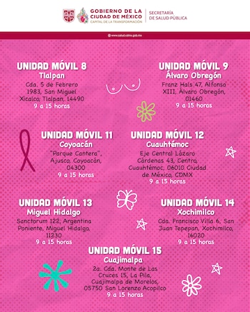 Póster informativo rosa con texto blanco. Muestra unidades móviles de mastografía en CDMX con direcciones y horarios en alcaldías como Tlalpan y Cuauhtémoc