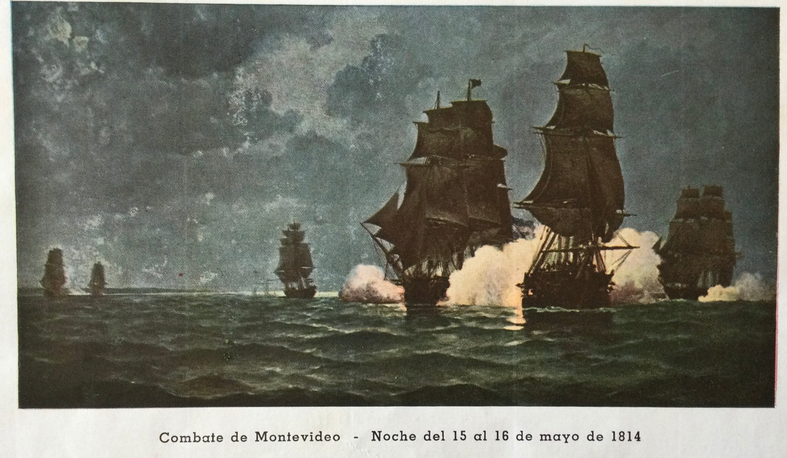 En la noche del 15 al 16 de mayo, la Hércules estaba en el medio de dos buques españoles, la fragata Neptuno y el bergantín San José. Esta acción terminó con tres buques enemigos capturados. Cuadro de De Martino (Historia Naval Argentina, de Teodoro Caillet-Bois)