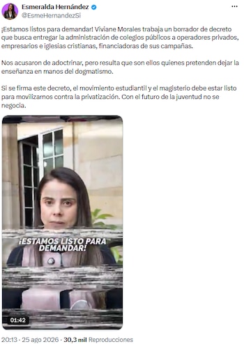 Esmeralda Hernández alerta sobre posible privatización de colegios públicos y anuncia acciones legales - crédito @EsmeHernandezSi/X