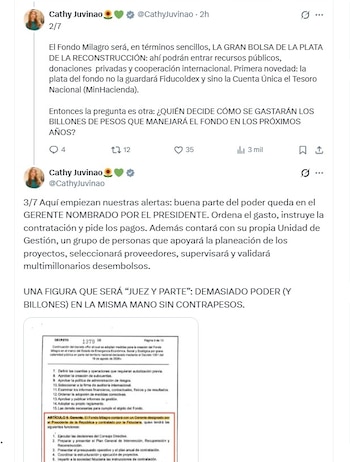 La congresista puso la lupa sobre el contrato de fiducia mediante el cual se constituyó el patrimonio autónomo encargado de canalizar recursos para la reconstrucción - crédito @CathyJuvinao/X