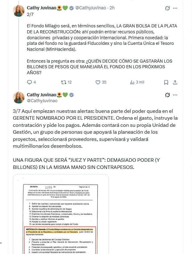 La congresista puso la lupa sobre el contrato de fiducia mediante el cual se constituyó el patrimonio autónomo encargado de canalizar recursos para la reconstrucción - crédito @CathyJuvinao/X