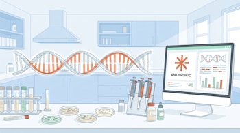 Ilustración de un laboratorio con tubos de ensayo, placas de Petri, una doble hélice de ADN y un monitor con el logotipo de Anthropic.