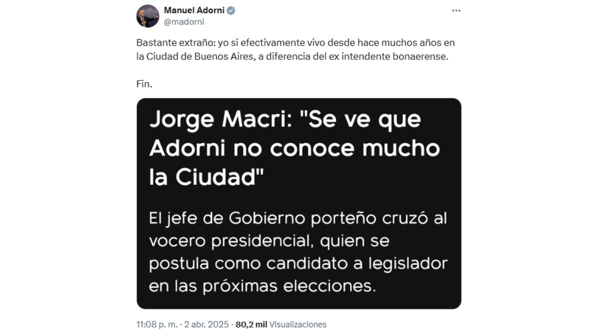 La publicación que realizó el vocero presidencial sobre los dichos de Jorge Macri (X: @madorni)