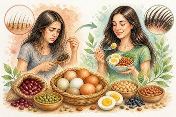 Una ilustración compara la pérdida de pelo con la recuperación capilar asociada al consumo de huevos y legumbres - crédito