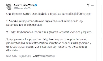 O ex-presidente Álvaro Uribe Vélez apresentou a participação do Centro Democrático na cadeira do Congresso - crédito @AlvaroUribeVel/X