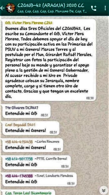 El GB Mora Moreno imponiendo a sus subalternos a votar por Marco Torres