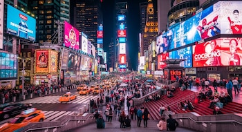 Multitudes de personas y taxis