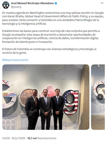 José Manuel Restrepo acordó con Google una hoja de ruta para impulsar inteligencia artificial e innovación en Colombia - crédito @jrestrp/X